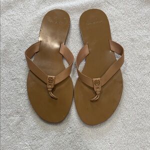 Tory Burch Cognac Leather Thong Sandals with Logo Medallion